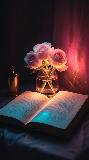 Glowing Love Lamp With Open Book Romantic And Warm Comfortable Nuance In A Room For Reading