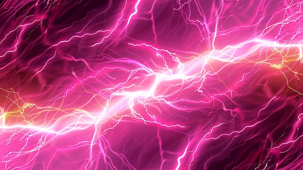 Glowing magenta neon lightning streaks against a backdrop of glowing yellow waves isolated on a solid white background