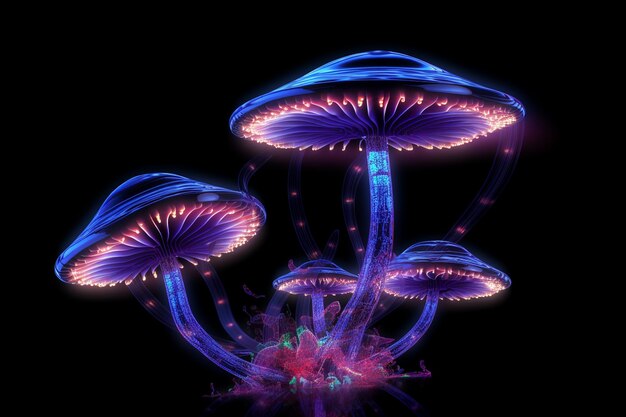 Photo glowing magic mushroom on black background neural network generated art