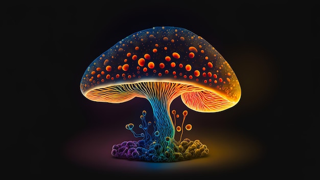 Светящийся волшебный гриб на черном фоне, созданный нейронной сетью