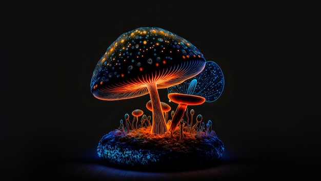 Glowing magic mushroom on black background neural network generated art