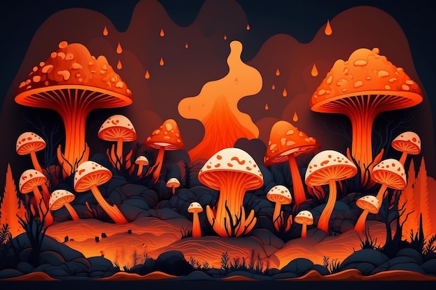 Glowing Magic Mushrooms Sprouting from Volcanic Lava Generative Ai