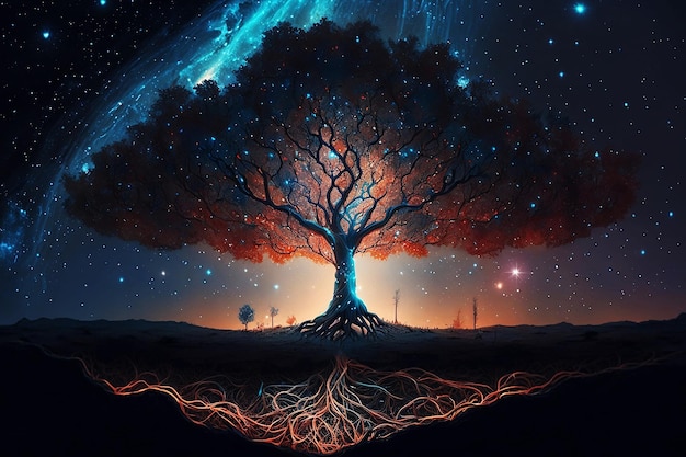 Glowing magic tree on dark background