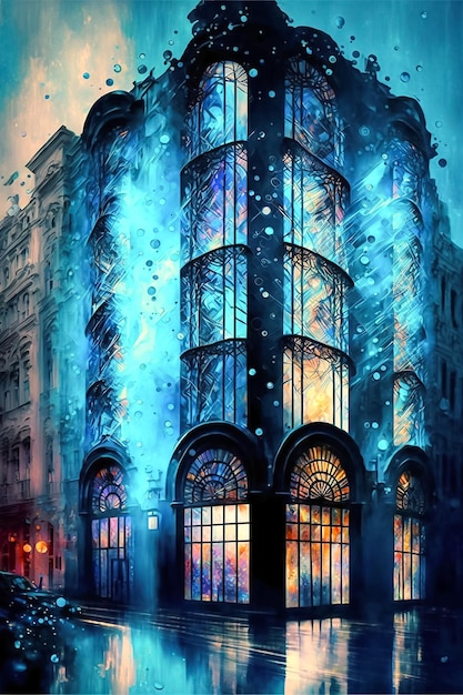 Foto glowing magische sprookjesachtige achtergrond met modern gebouw nacht blauwe verlichting stadsbeeld
