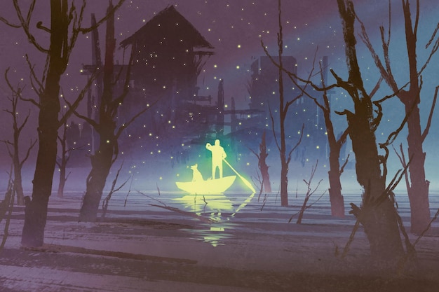 glowing man and dog rowing boat in river at night,illustration painting