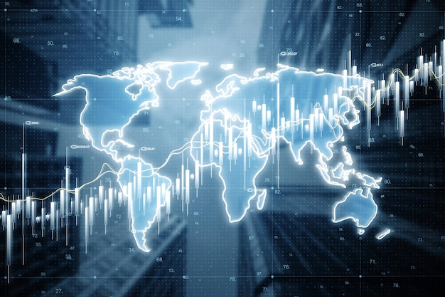 Glowing map with forex chart on blurry city wallpaper Finance statistics and data Analytics Stock exchange market investment finance and trading Double exposure