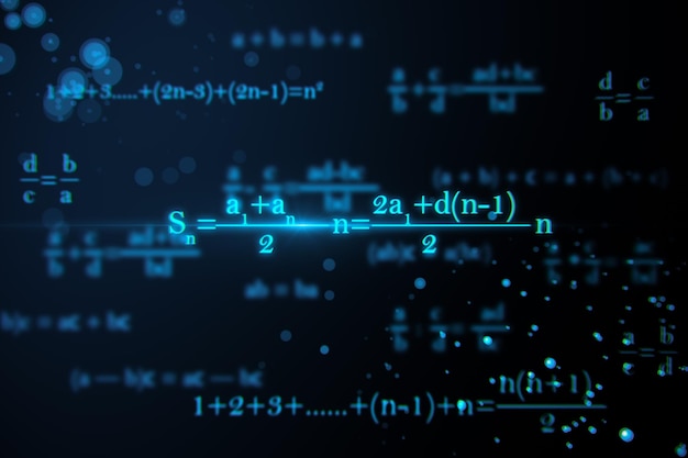 Formule matematiche luminose su sfondo blu conoscenza dell'istruzione e concetto di statistica rendering 3d