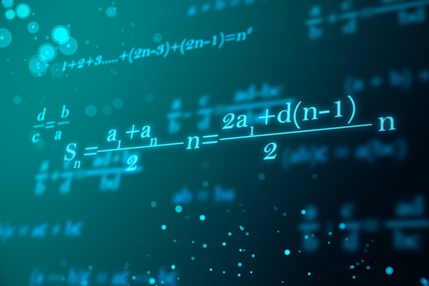 Glowing mathematical formulas on blue wallpaper Education knowledge and statistics concept 3D Rendering