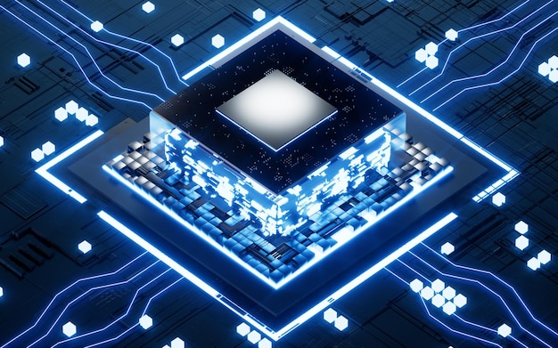 Glowing microchip processor with black circuit board 3d rendering