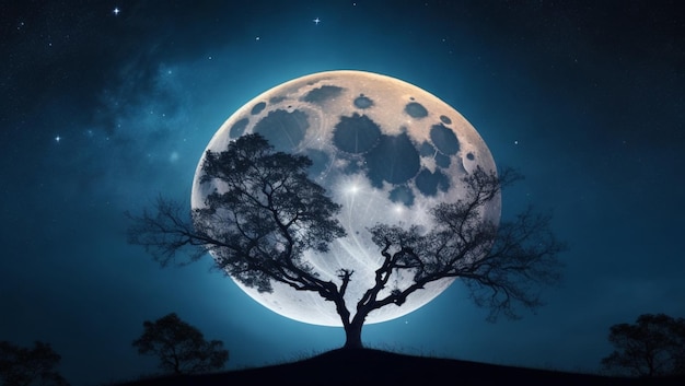 Glowing moon on the top of a tree night sky black landscape background