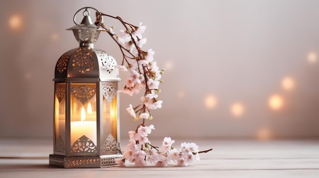 glowing Moroccan lantern with prunus tree blossoms on table