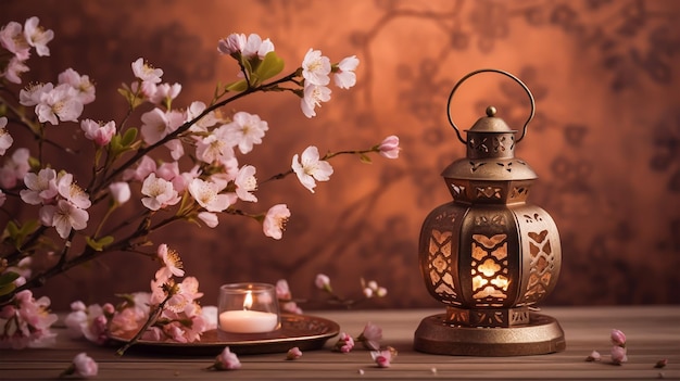 glowing Moroccan lantern with prunus tree blossoms on table