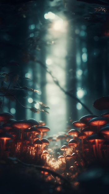 Foto una foresta di funghi luminosa