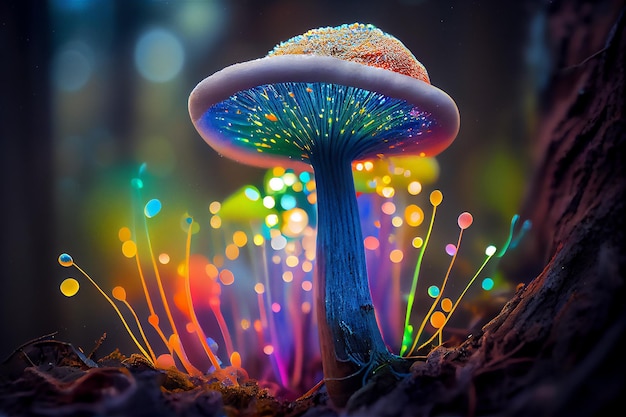 Glowing mushroom with mystical light organism generative AI