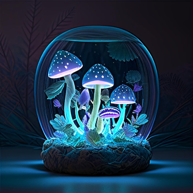 Glowing mushrooms in the aquarium Generative AI