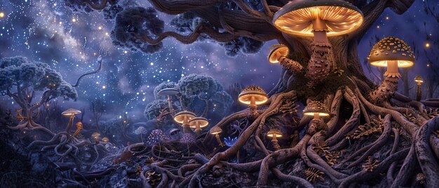 Photo glowing mushrooms densely intertwined roots