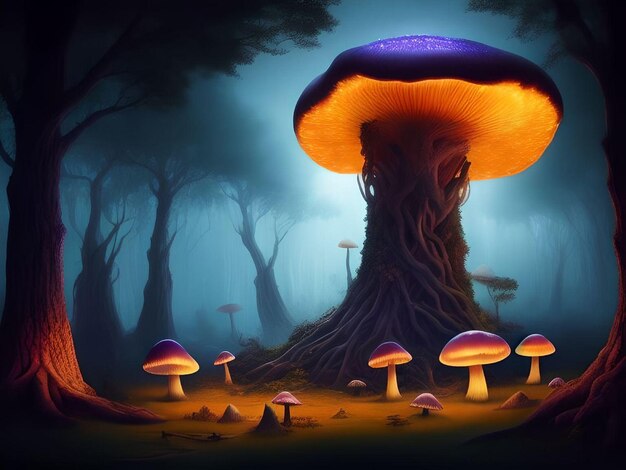 Светящиеся грибы в лесу с подсветкой Иллюстрационная концепция