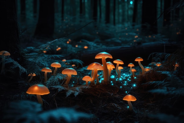 Glowing Mushrooms Growing In Forest At Night Generative AI