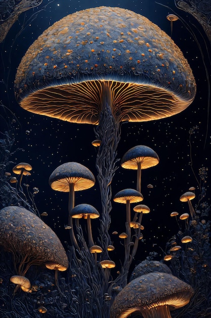 Glowing mushrooms at night