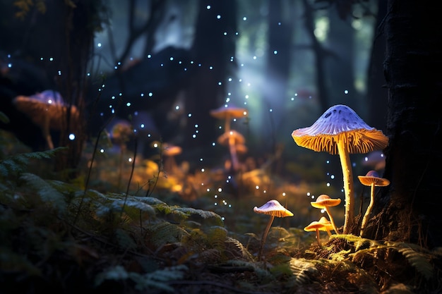 Photo glowing mushrooms in the twilight forest