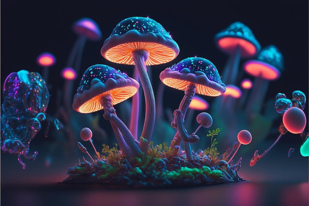 A glowing mushrooms with glowing lights in the dark