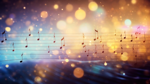 Photo glowing music sheets notes on beautiful lights bokeh background