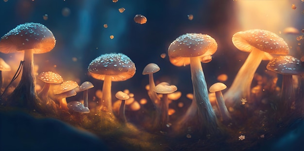 Glowing mystical mushrooms on a dark background