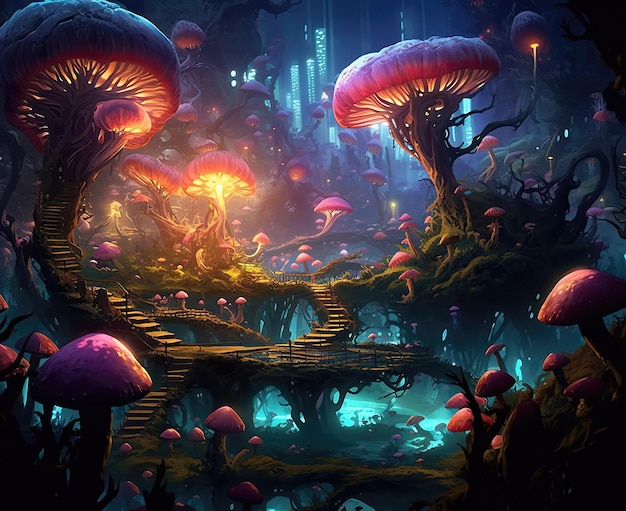 Glowing mystical mushrooms on a dark background