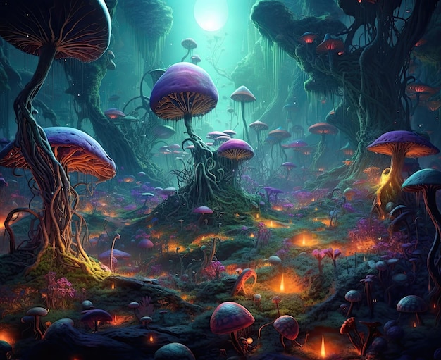 Glowing mystical mushrooms on a dark background