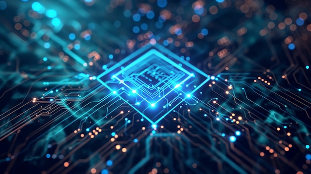 Photo glowing neon ai chip on technology background