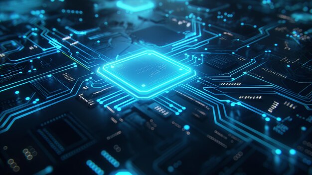Photo glowing neon ai chip on technology background