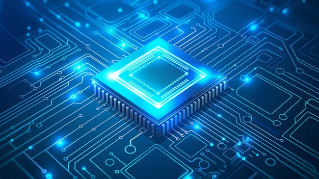 Photo glowing neon ai chip on technology background