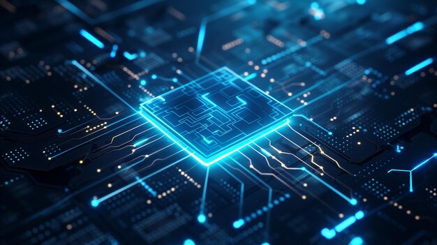 Photo glowing neon ai chip on technology background