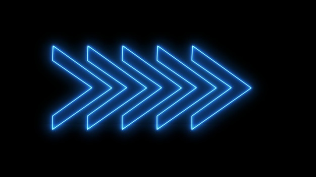 Glowing neon arrow pointer on dark background Blue neon directional arrow swipe illustration Right direction arrow on black background