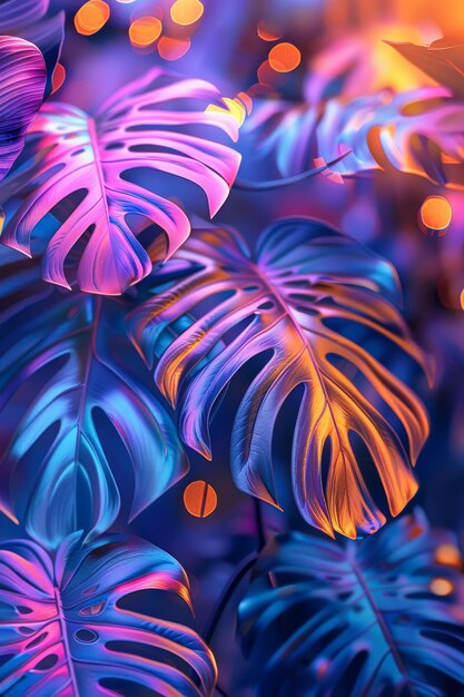 Glowing neon background with tropical leaves of palm monstera in violet orange purple colors