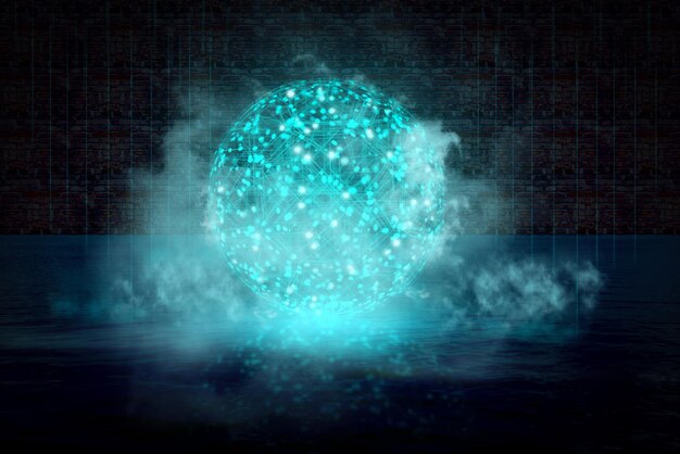 Glowing neon ball in the middle of the water surface behind a brick wall Abstract background