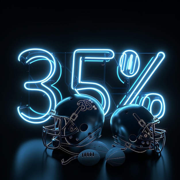 Photo glowing neon beam of 35 text in a rich blue with neon footba effect sale design concept idea art