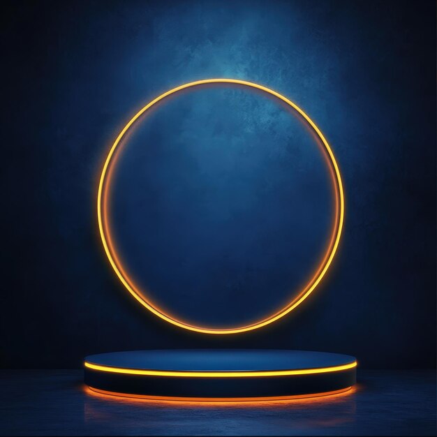 glowing neon circle with pedestal on blue background