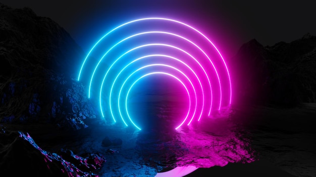 Glowing neon circles on dark background. 3D illustration. Pink and blue design trend