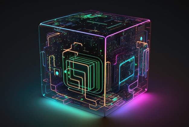 Glowing neon circuit board cube tech background Generative AI