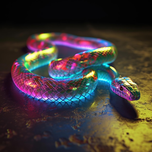 Photo glowing neon colored rainbow snake in neon light on a dark background 3d render