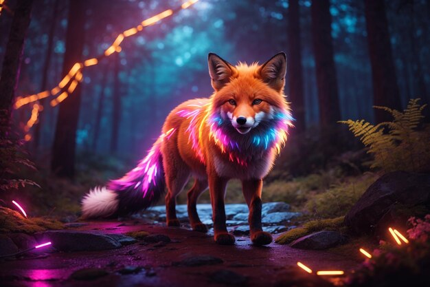 a glowing neon fox standing in forest