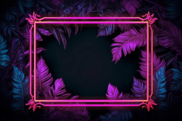Photo glowing neon frame and leaves