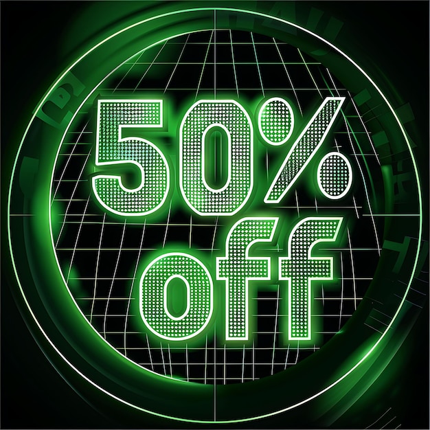 Photo glowing neon grid of 50 off text in neon green with a geomet effect design sale concept idea glow