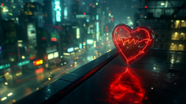 Glowing neon heart with ecg line in rainy cityscape at night