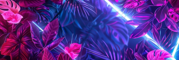 Glowing neon holographic frame in a luxuriant floral background banner