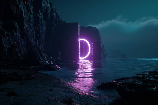 写真 夜の海に輝くネオン文字d