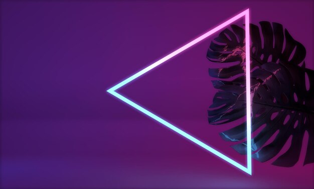 Photo glowing neon light with tropical monstera leaf d render