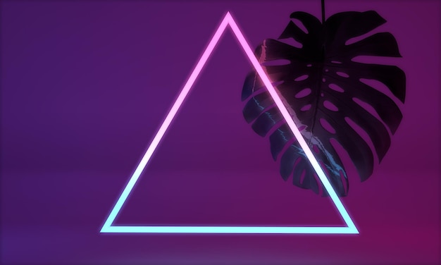 Glowing neon light with tropical monstera leaf d render