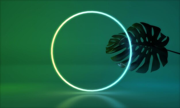 Glowing neon light with tropical monstera leaf d render